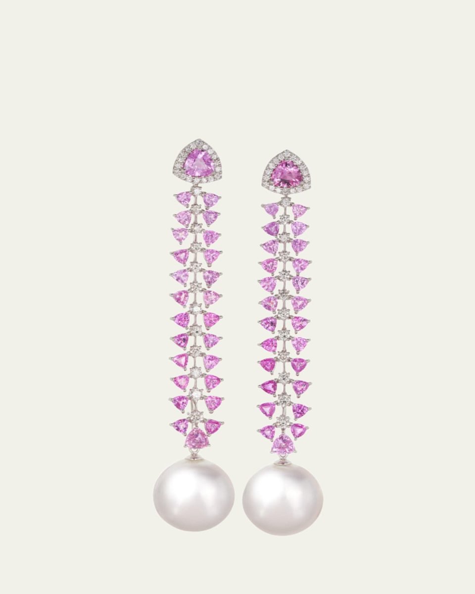 Pink Sapphire, Diamond, and Pearl Drop Linear Earrings